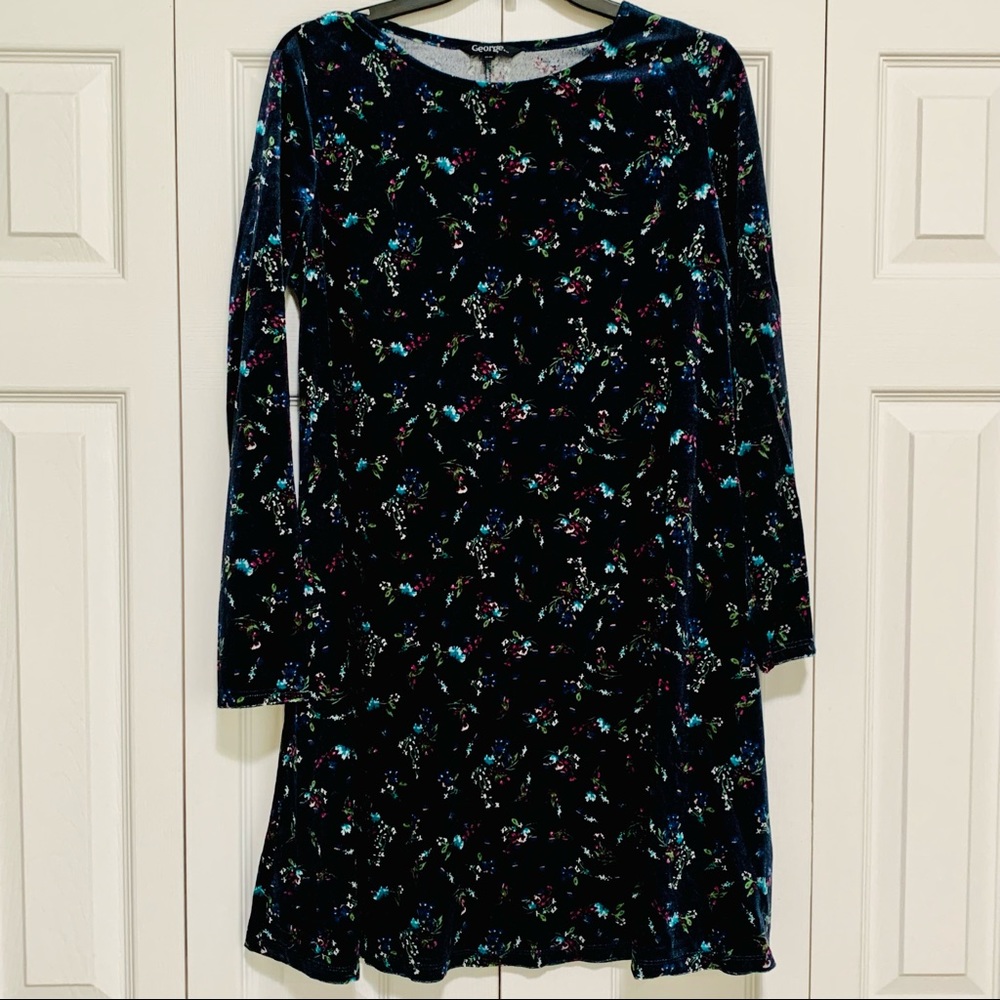 George Pressed Velvet Style Blue Floral Dress Long Sleeves